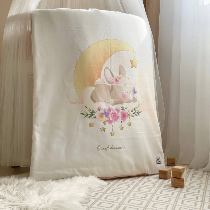 Set lenjerie pentru Patut Bebe din 6 piese Iepuras roz pudra (9)